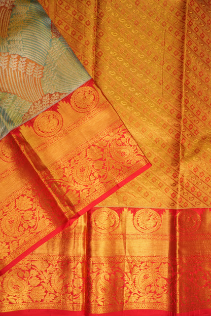 Sea Green & Vermilion Red Pure Tissue Kanchipuram Silk Saree|Silk Mark Certified