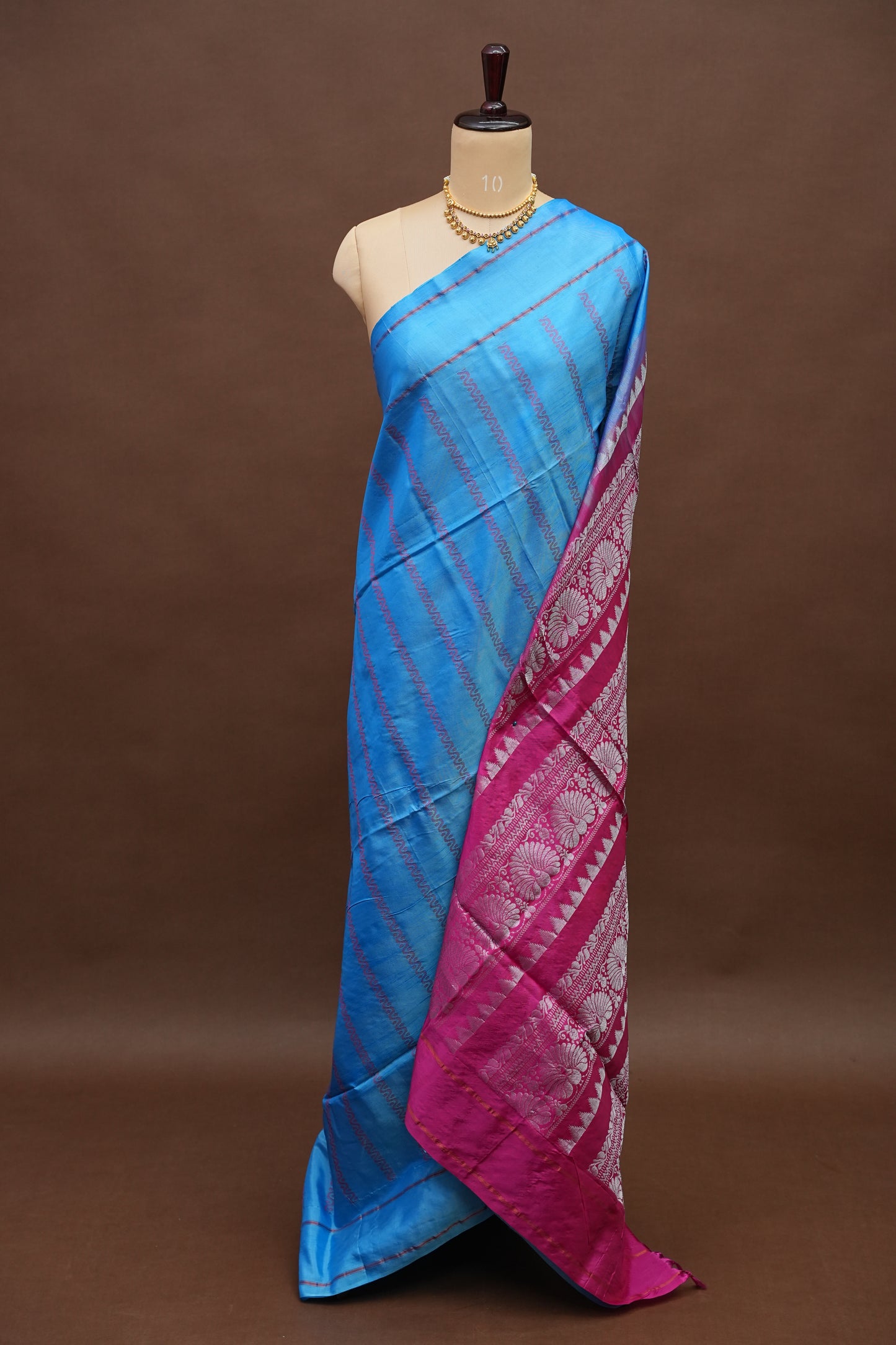 Handwoven Vegan Banana Pith Saree – Sky Blue & Rani Pink with Traditional Woven Pallu