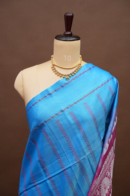 Handwoven Vegan Banana Pith Saree – Sky Blue & Rani Pink with Traditional Woven Pallu