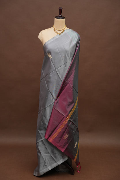Handwoven Vegan Banana Pith Saree – Silver Grey & Plum Purple with Traditional Peacock Motifs