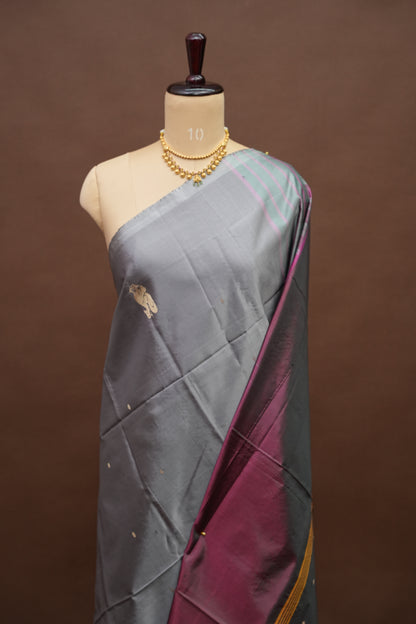 Handwoven Vegan Banana Pith Saree – Silver Grey & Plum Purple with Traditional Peacock Motifs