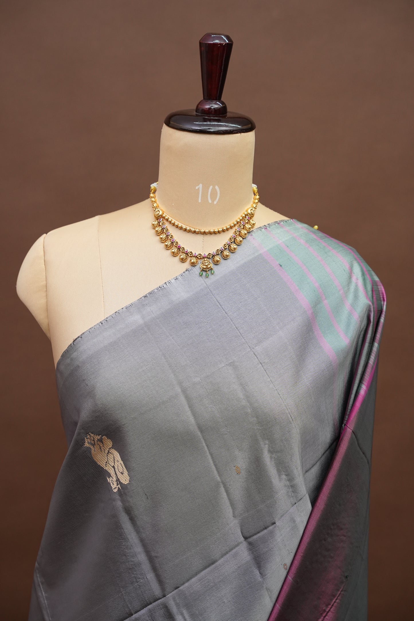 Handwoven Vegan Banana Pith Saree – Silver Grey & Plum Purple with Traditional Peacock Motifs