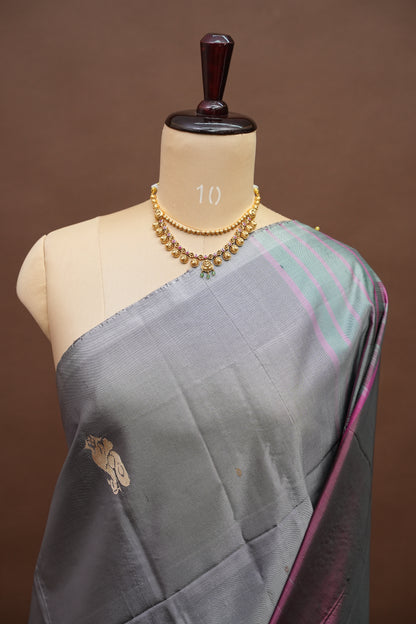 Handwoven Vegan Banana Pith Saree – Silver Grey & Plum Purple with Traditional Peacock Motifs