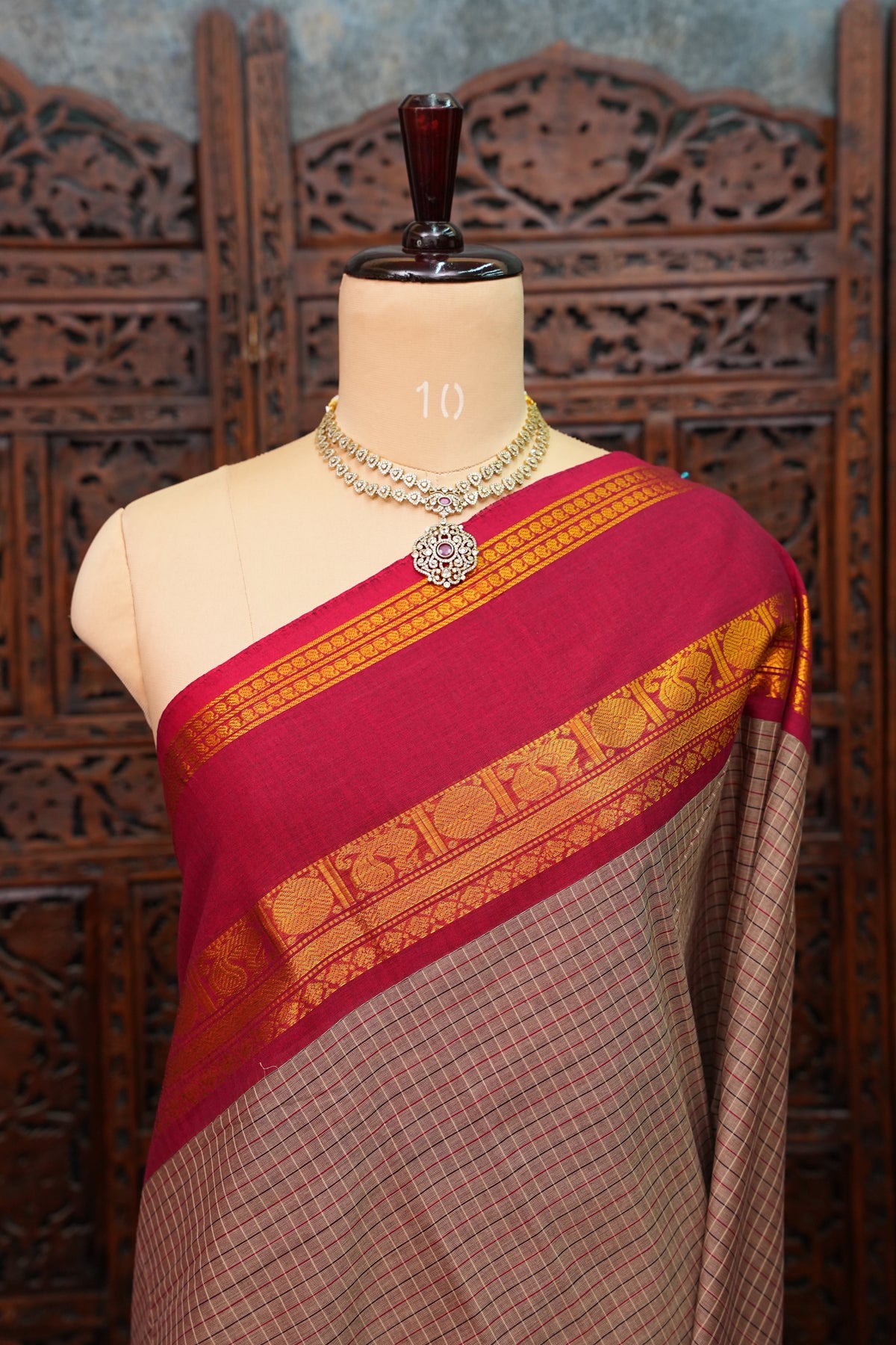 Pure Kanchi Cotton Saree with Traditional Zari Border – Beige & Maroon