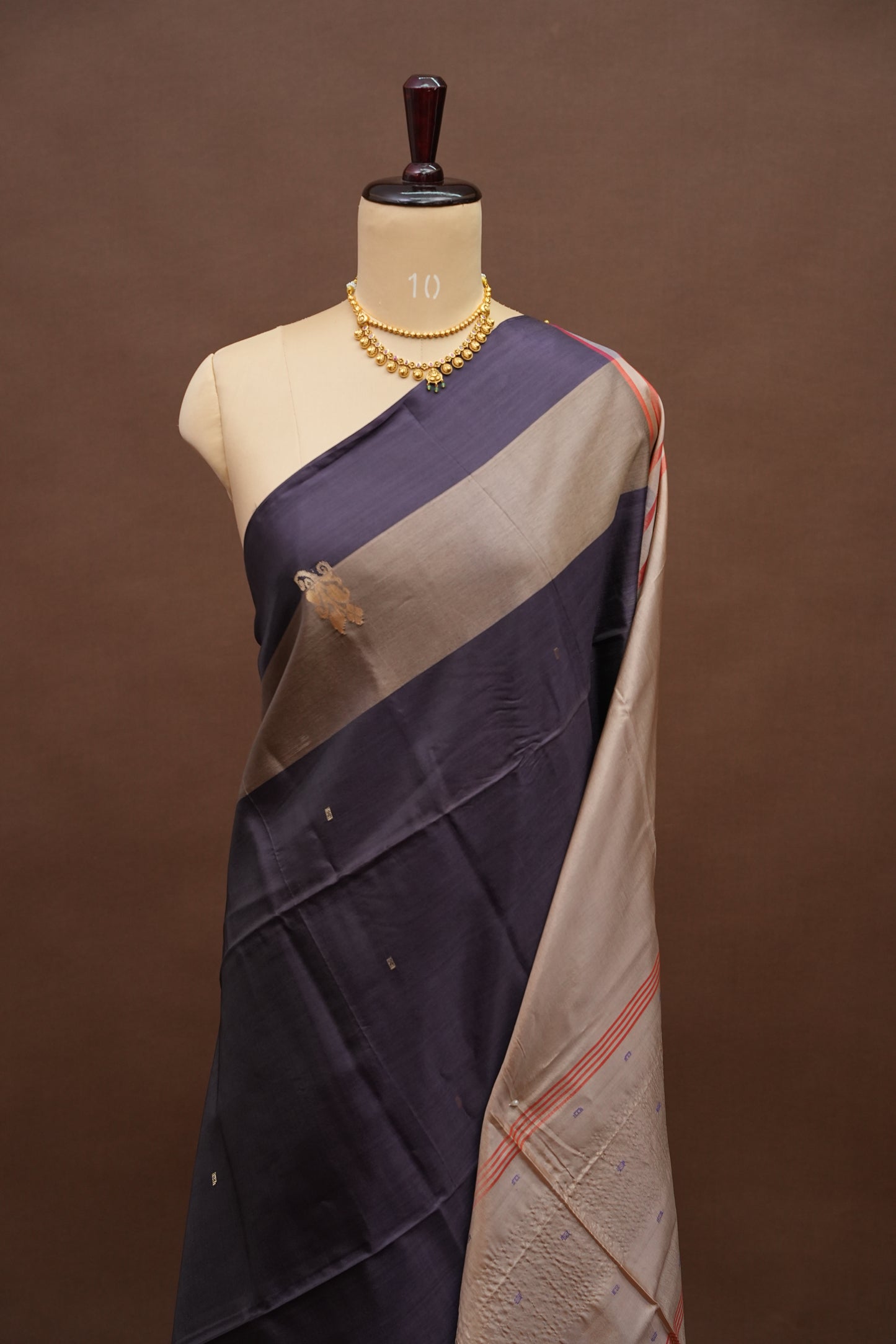 Handwoven Vegan Banana Pith Saree – Midnight Blue & Ivory White with Traditional Motifs