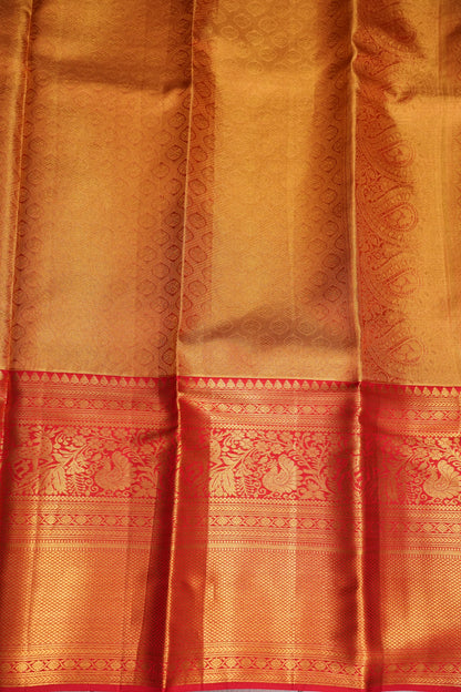 Antique Gold & Vermilion Red Pure Tissue Kanchipuram Silk Saree|Silk Mark Certified