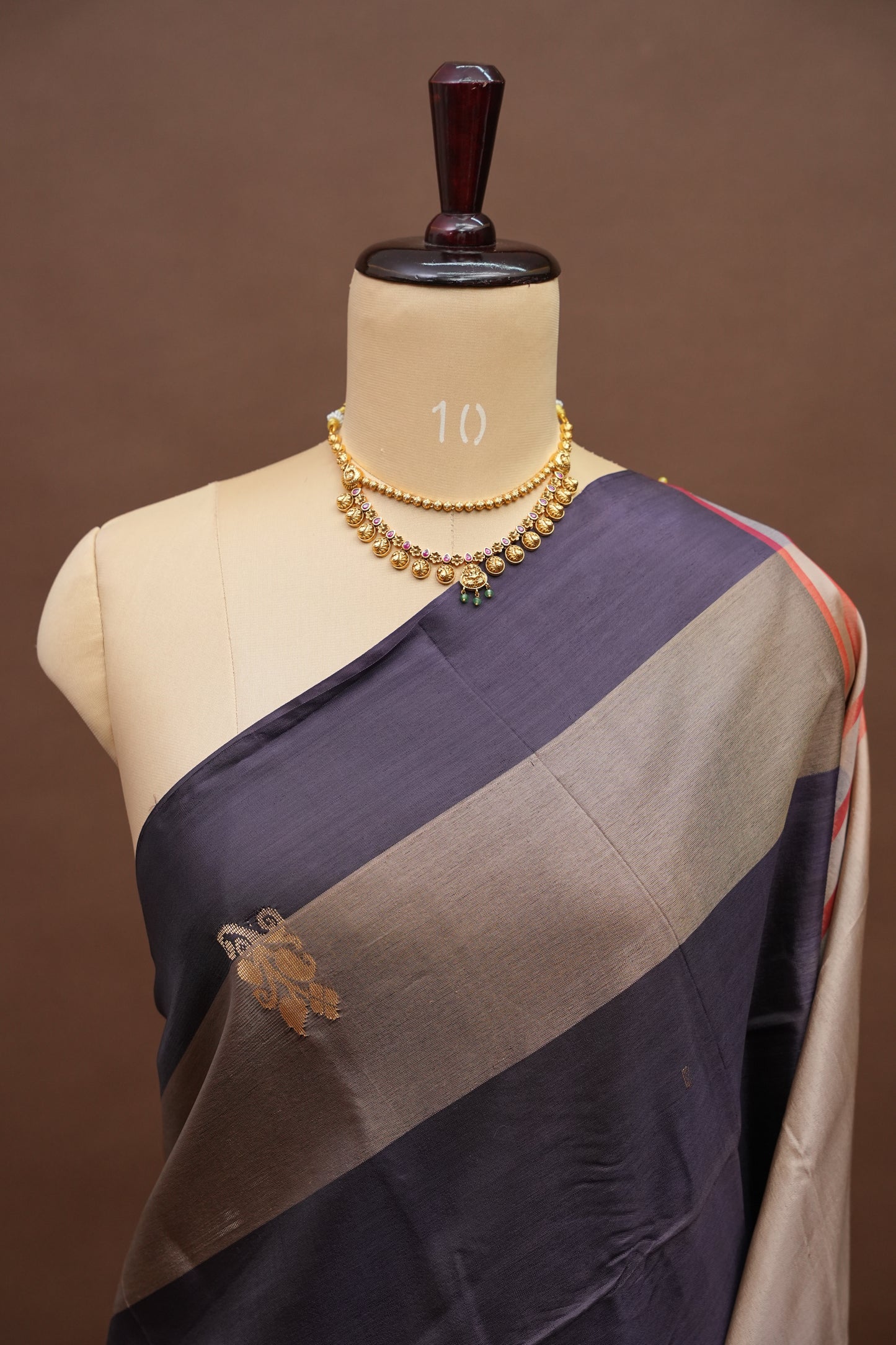 Handwoven Vegan Banana Pith Saree – Midnight Blue & Ivory White with Traditional Motifs