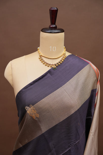 Handwoven Vegan Banana Pith Saree – Midnight Blue & Ivory White with Traditional Motifs