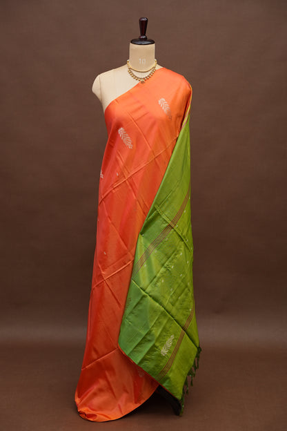 Handwoven Vegan Banana Pith Saree – Coral Orange & Parrot Green Dual-Tone Elegance