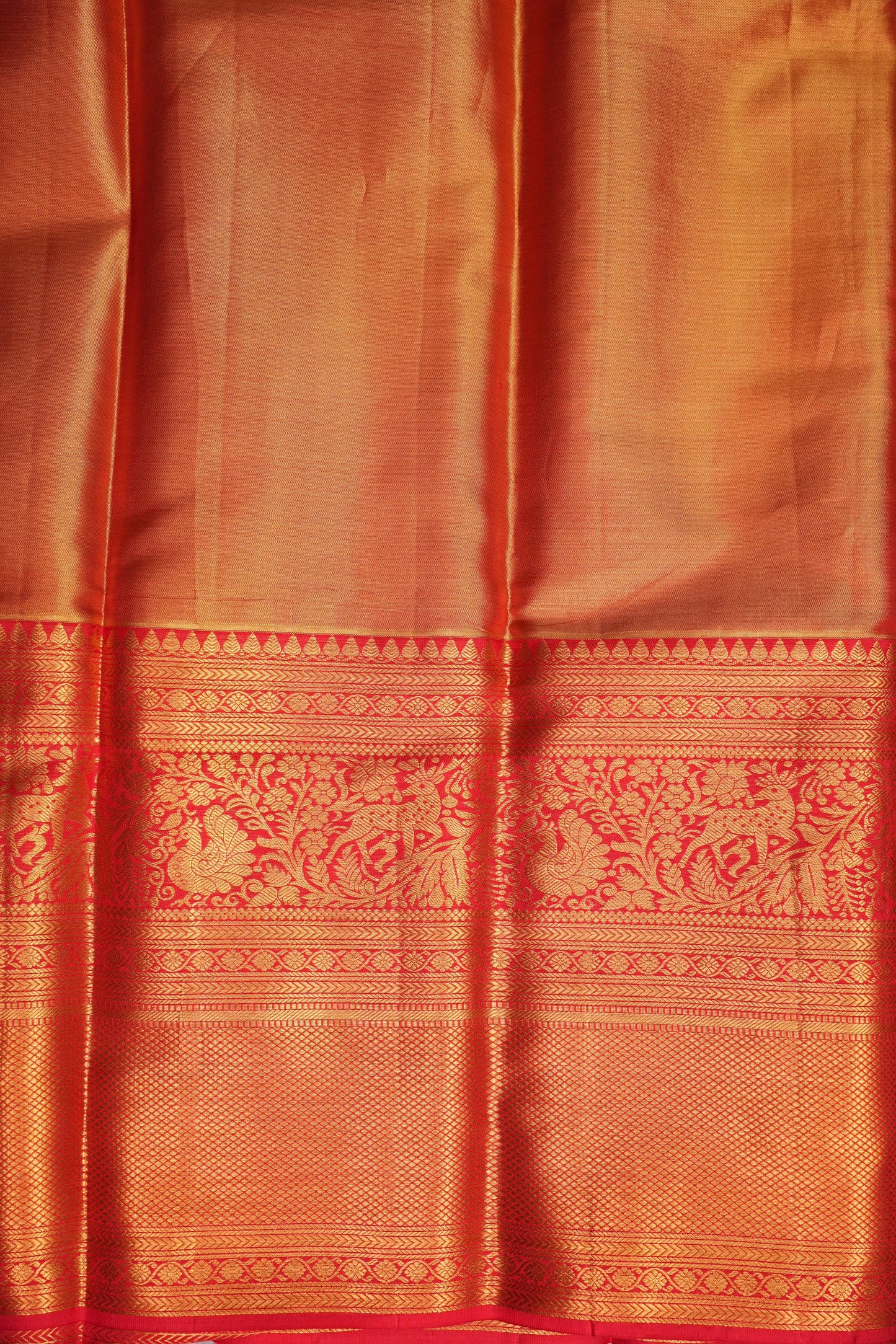 Antique Gold & Vermilion Red Pure Tissue Kanchipuram Silk Saree|Silk Mark Certified