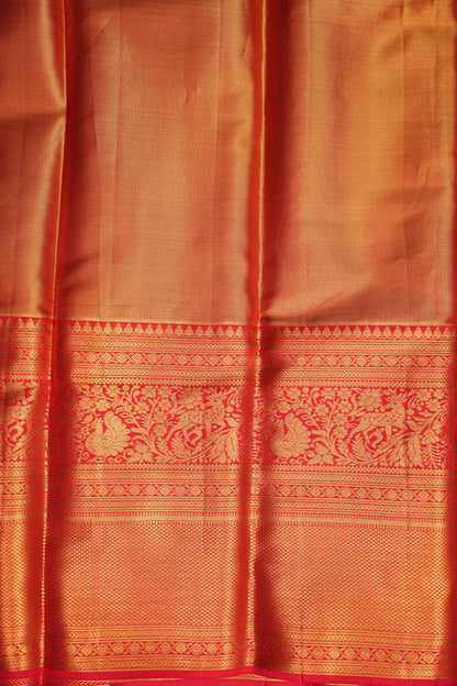 Antique Gold & Vermilion Red Pure Tissue Kanchipuram Silk Saree|Silk Mark Certified