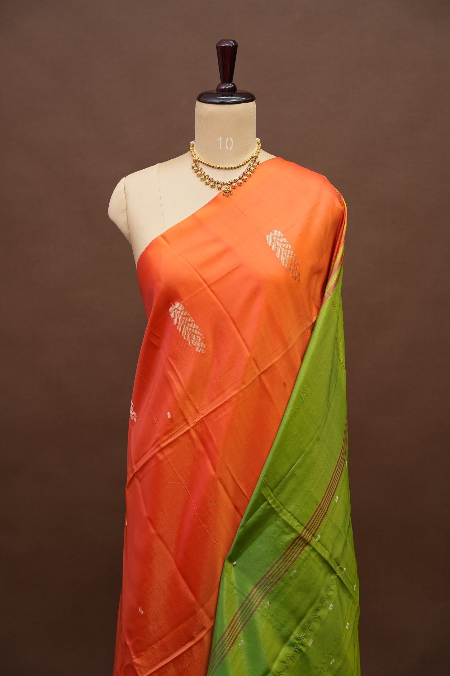 Handwoven Vegan Banana Pith Saree – Coral Orange & Parrot Green Dual-Tone Elegance