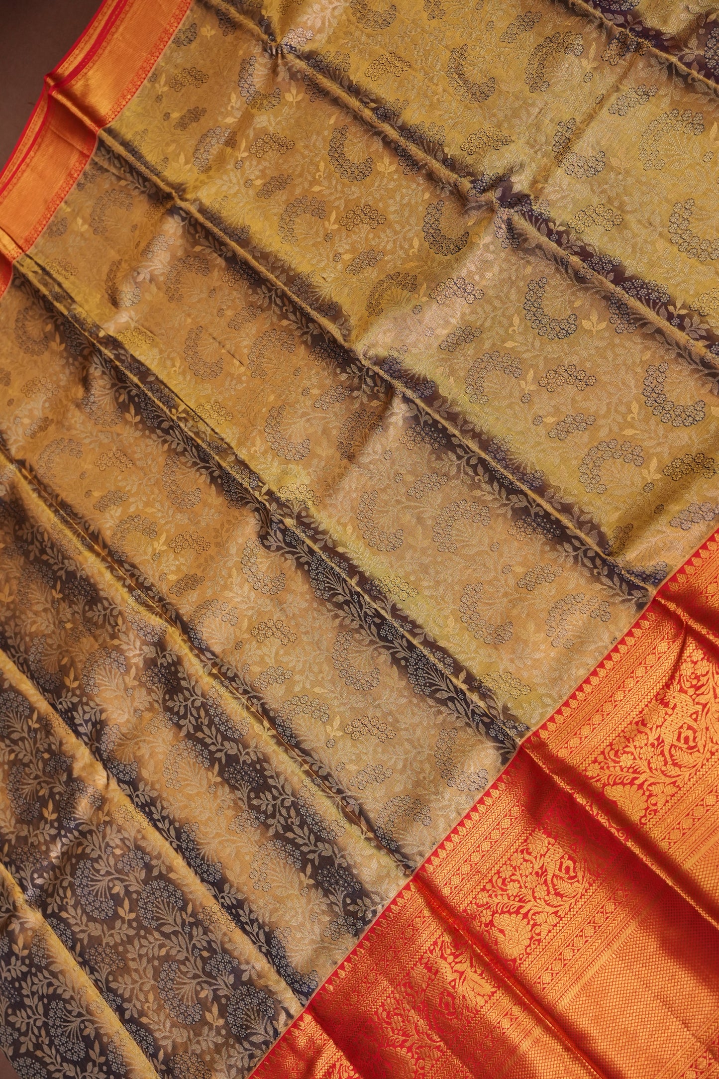 Antique Gold & Vermilion Red Pure Tissue Kanchipuram Silk Saree|Silk Mark Certified