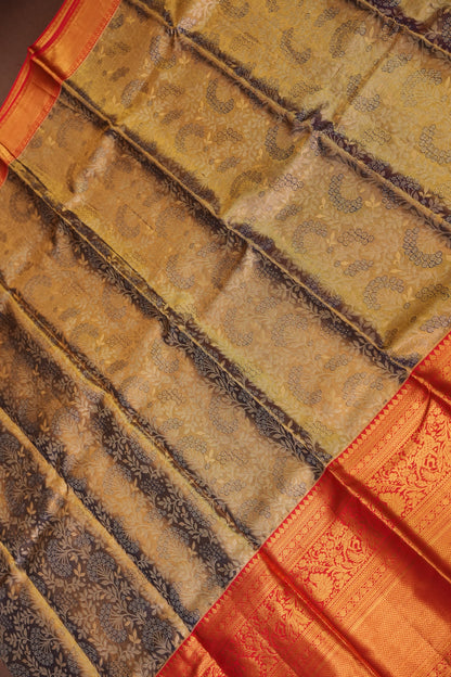 Antique Gold & Vermilion Red Pure Tissue Kanchipuram Silk Saree|Silk Mark Certified