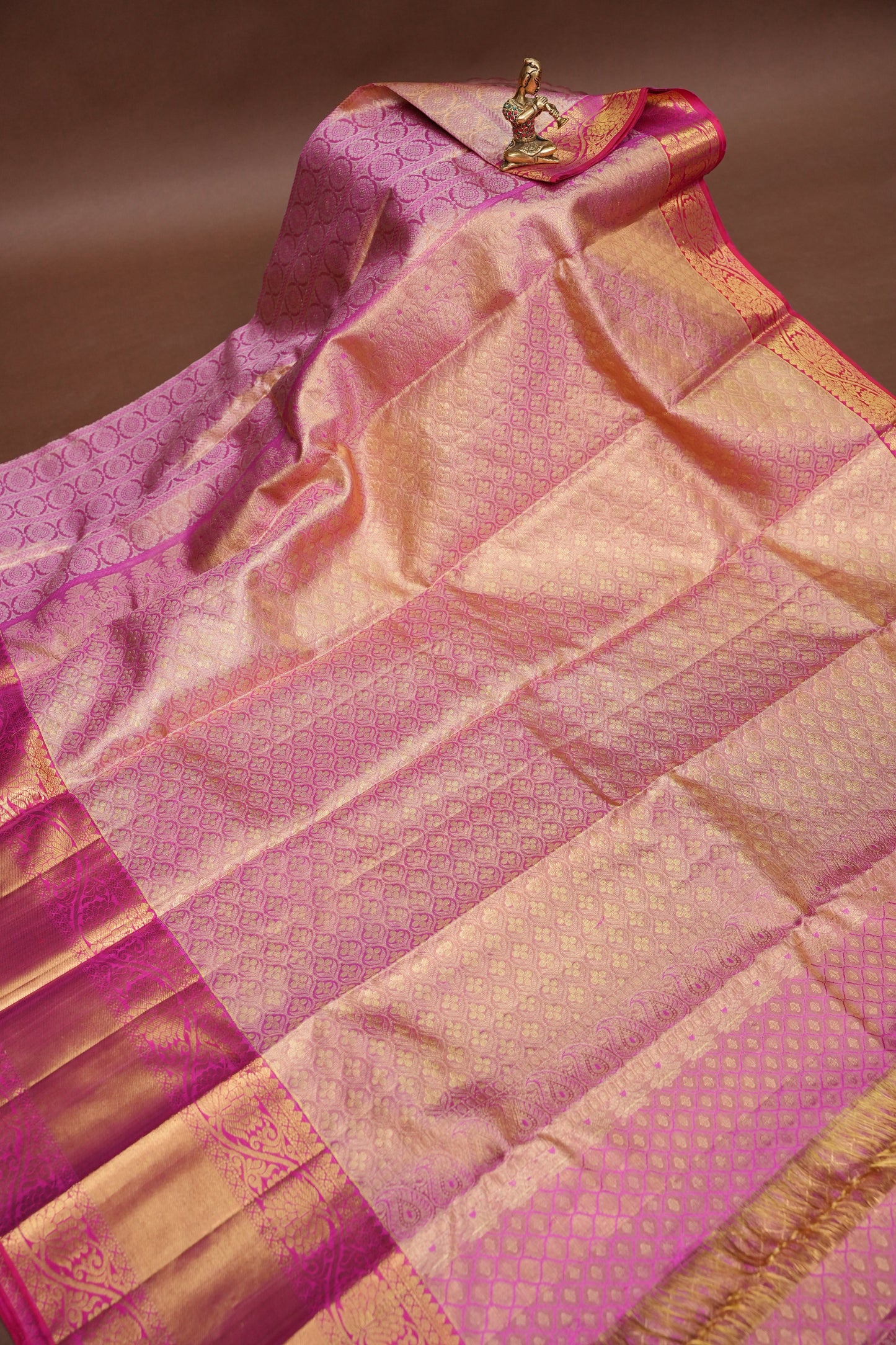 Champagne Gold & Rani Pink Pure Tissue Kanchipuram Silk Saree|Silk Mark Certified