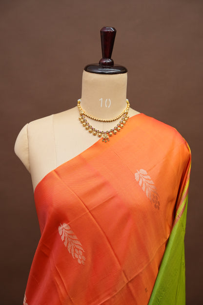 Handwoven Vegan Banana Pith Saree – Coral Orange & Parrot Green Dual-Tone Elegance