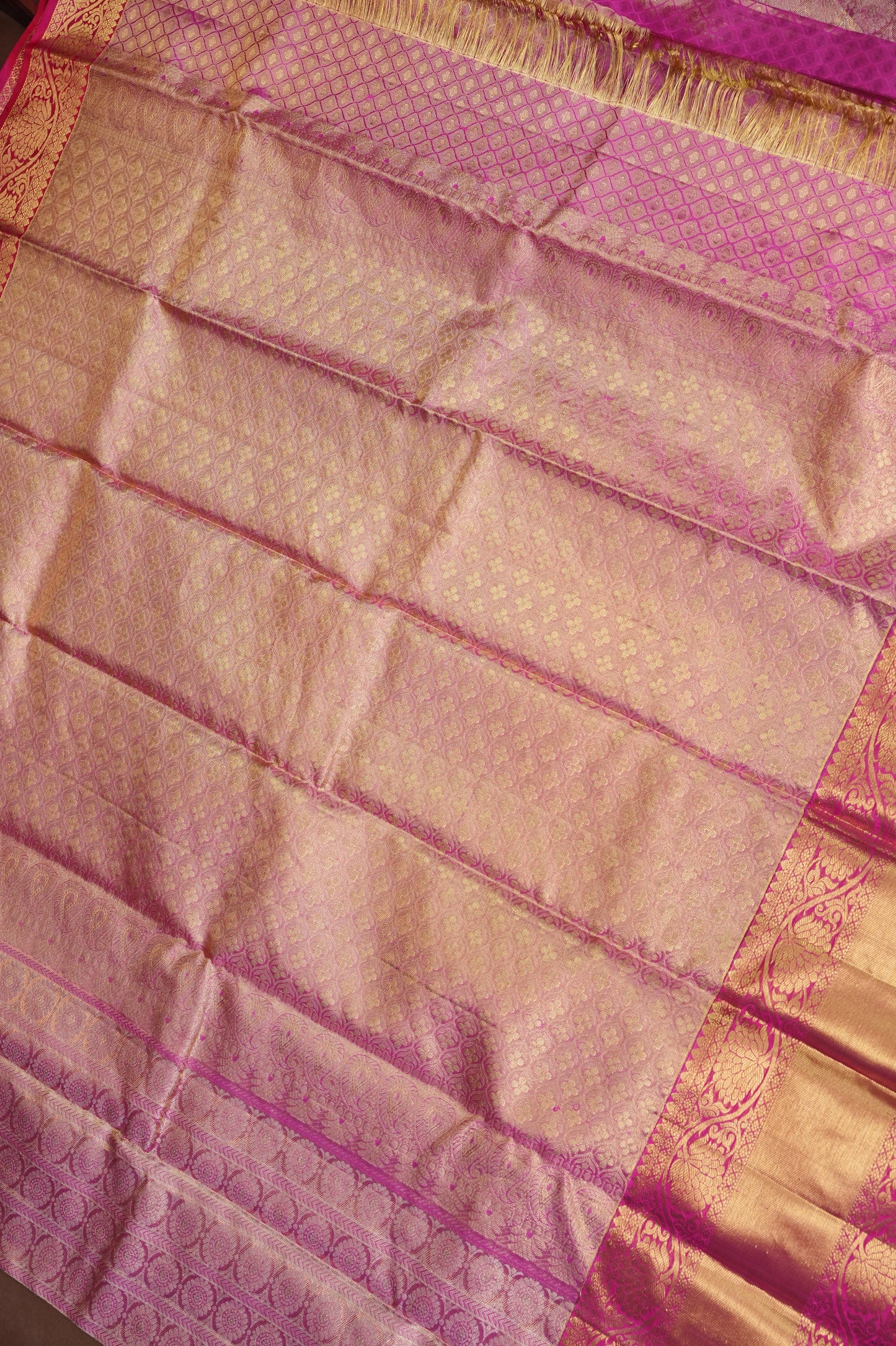 Champagne Gold & Rani Pink Pure Tissue Kanchipuram Silk Saree|Silk Mark Certified
