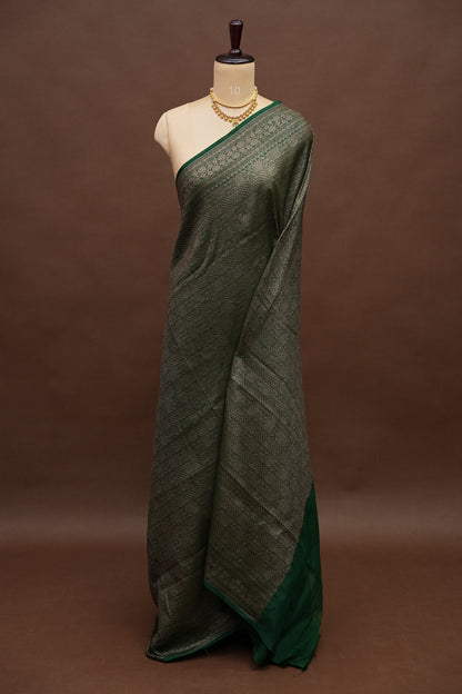 Pure Tussar Raw Silk Saree – Emerald Green Fully Brocade Weave with Rich Traditional Border
