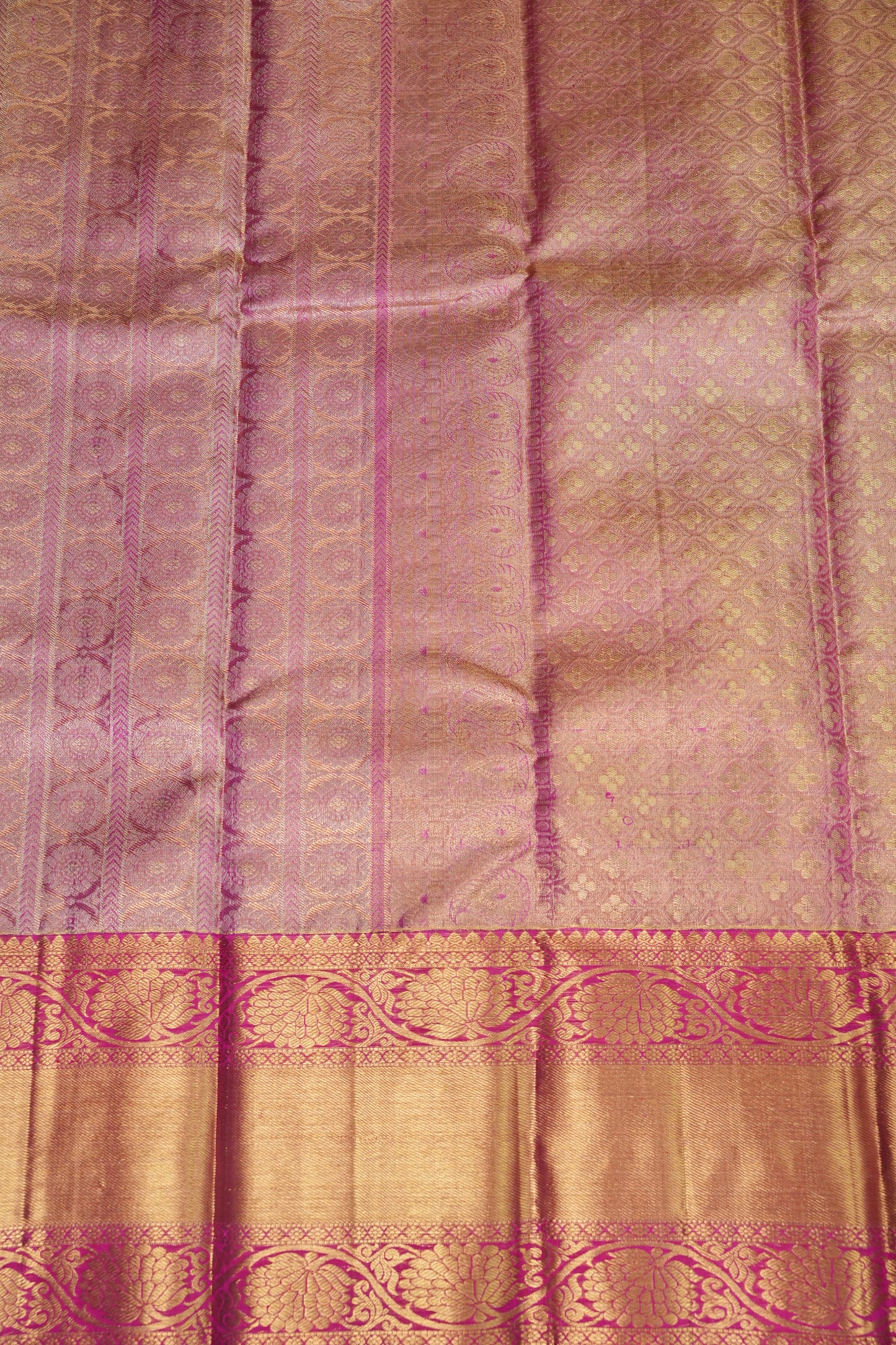 Champagne Gold & Rani Pink Pure Tissue Kanchipuram Silk Saree|Silk Mark Certified