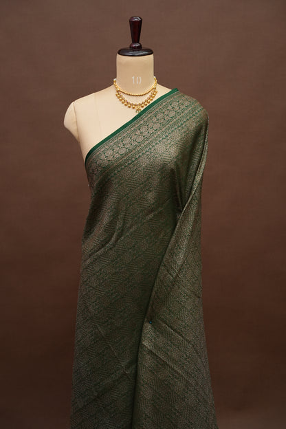 Pure Tussar Raw Silk Saree – Emerald Green Fully Brocade Weave with Rich Traditional Border