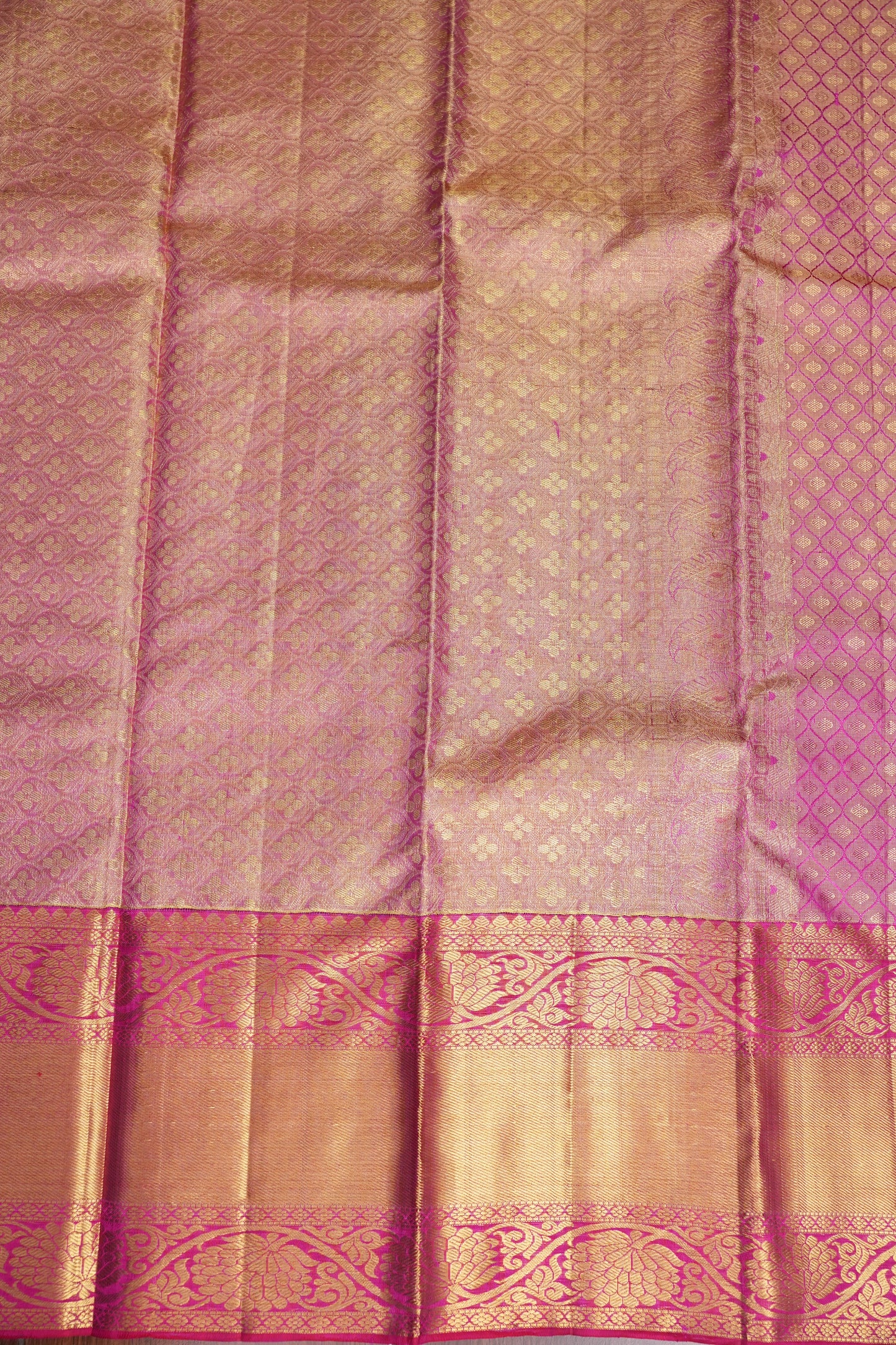 Champagne Gold & Rani Pink Pure Tissue Kanchipuram Silk Saree|Silk Mark Certified
