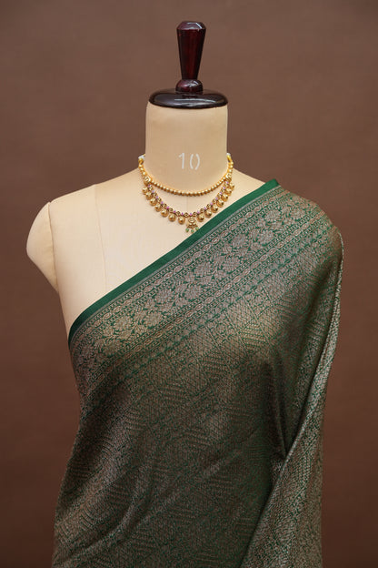 Pure Tussar Raw Silk Saree – Emerald Green Fully Brocade Weave with Rich Traditional Border