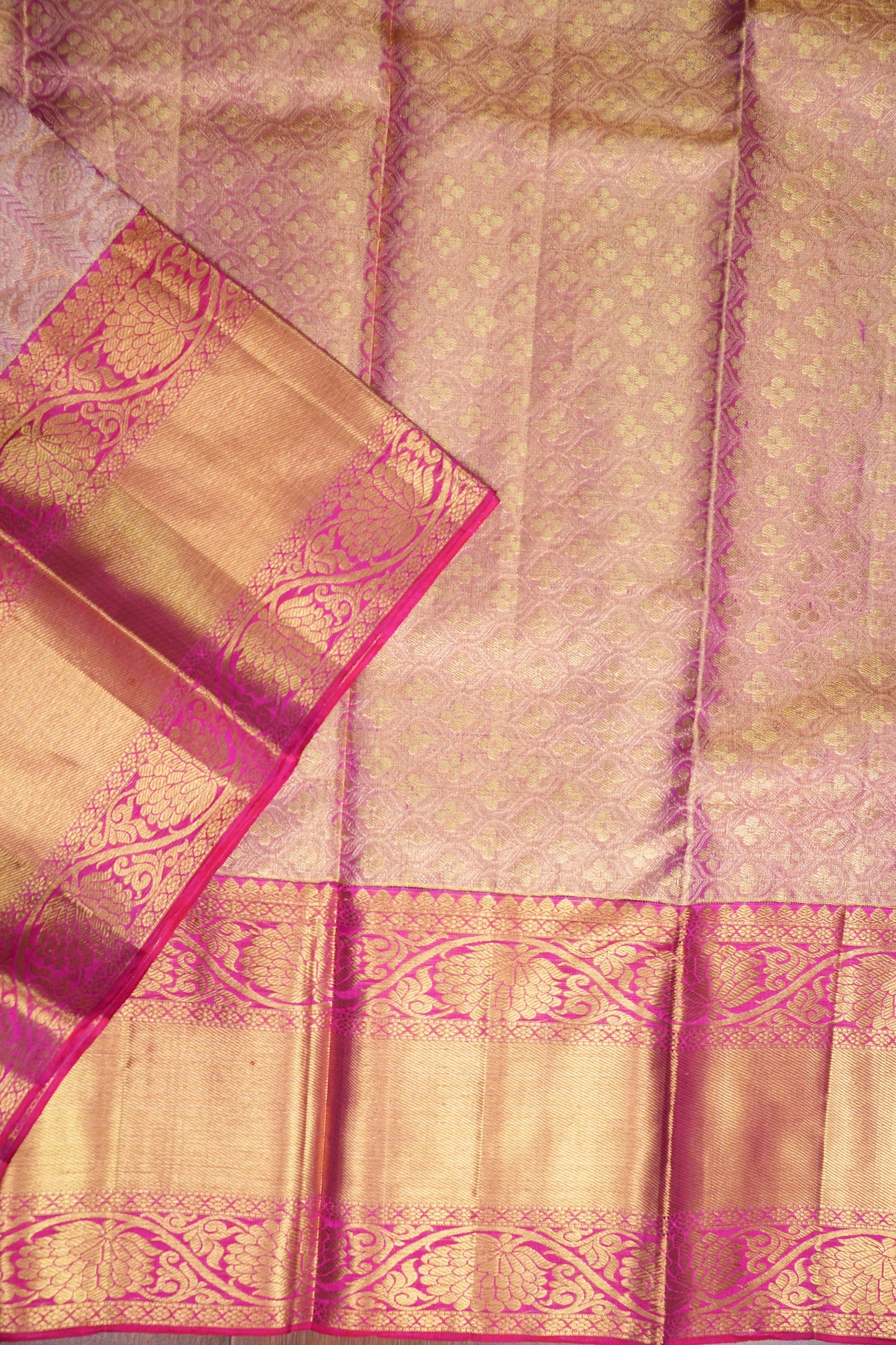 Champagne Gold & Rani Pink Pure Tissue Kanchipuram Silk Saree|Silk Mark Certified