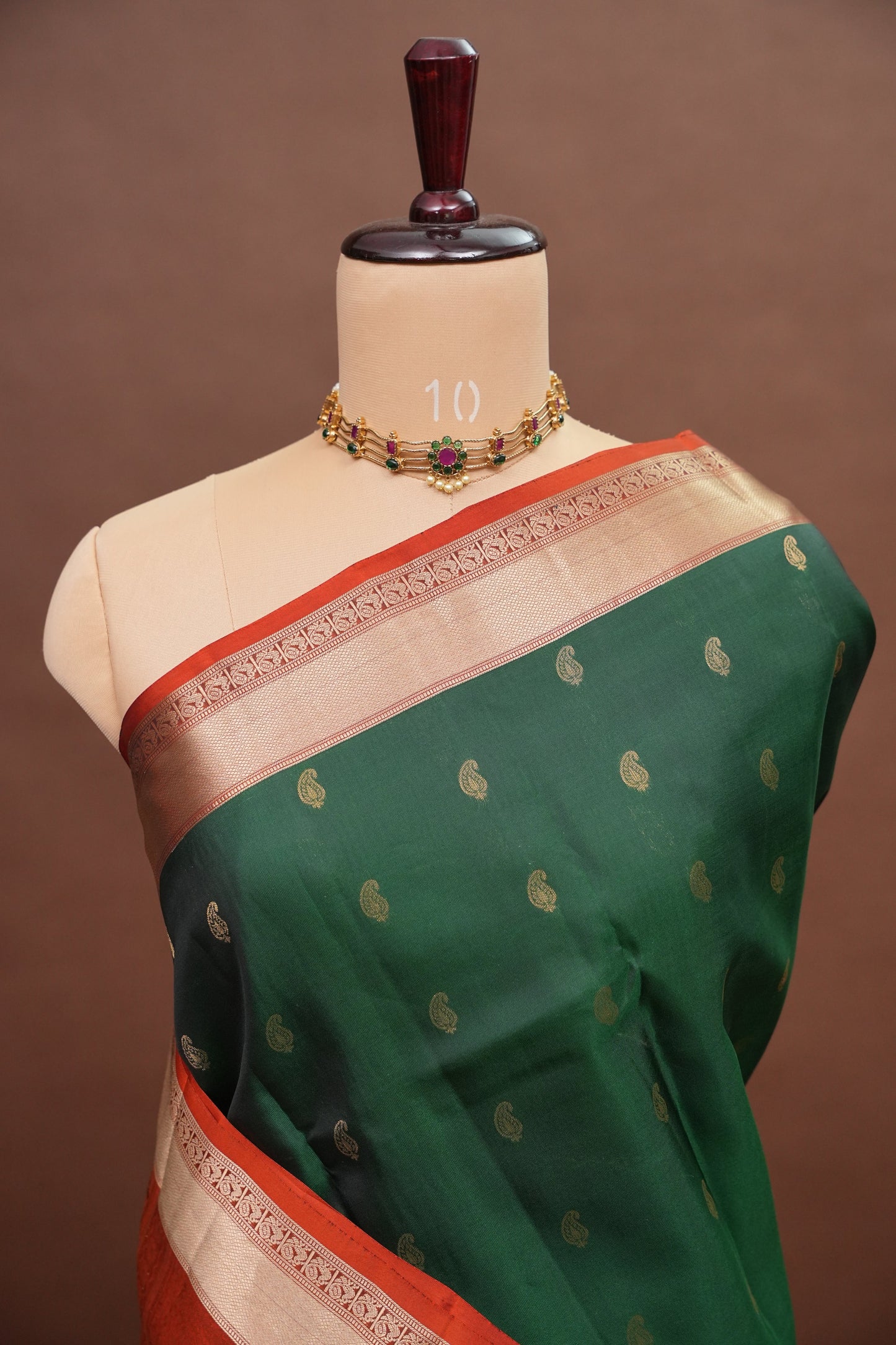 Bottle Green & Rust Orange Pure Kanchipuram Silk Saree|Silk Mark Certified