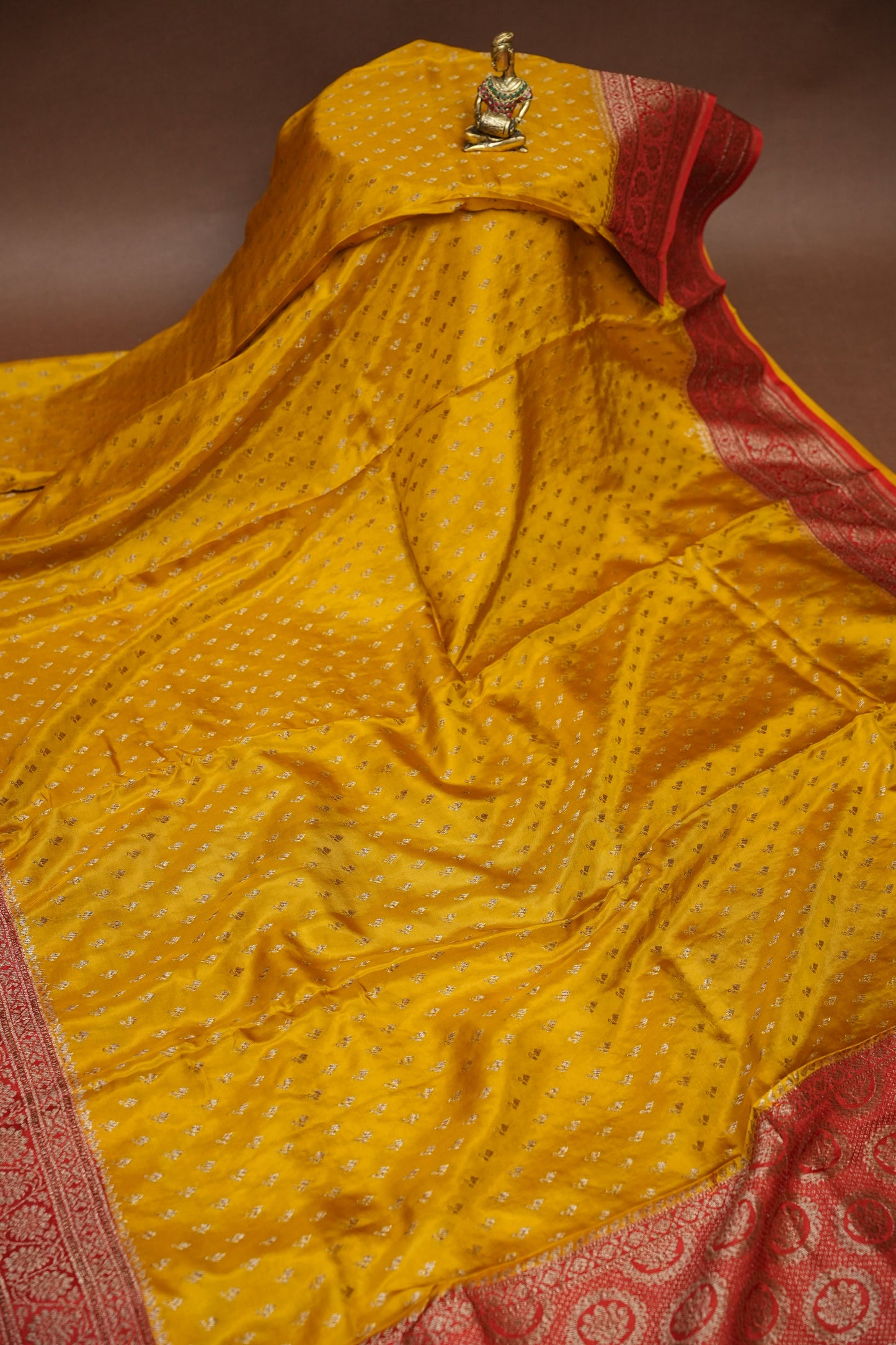 Pure Georgette Banarasi Silk Saree – Mustard Yellow with Rich Red Zari Border