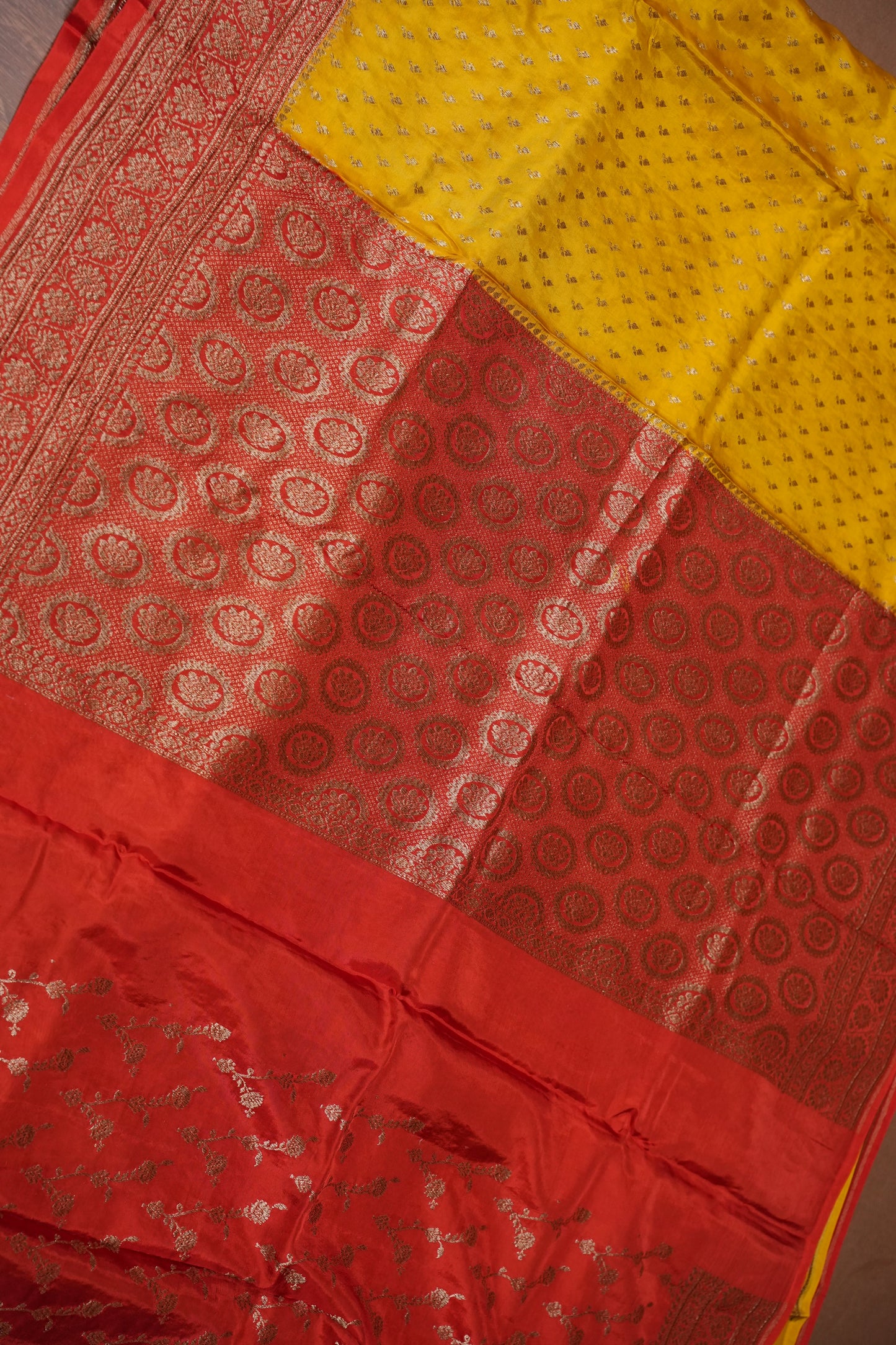 Pure Georgette Banarasi Silk Saree – Mustard Yellow with Rich Red Zari Border