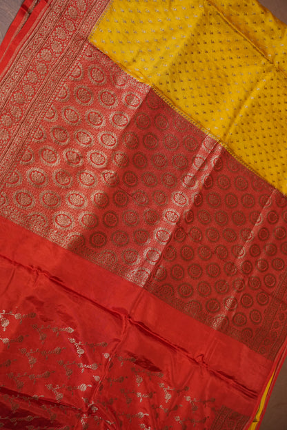 Pure Georgette Banarasi Silk Saree – Mustard Yellow with Rich Red Zari Border