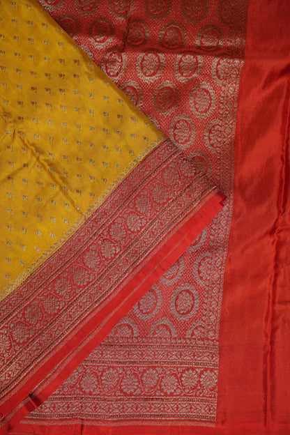 Pure Georgette Banarasi Silk Saree – Mustard Yellow with Rich Red Zari Border