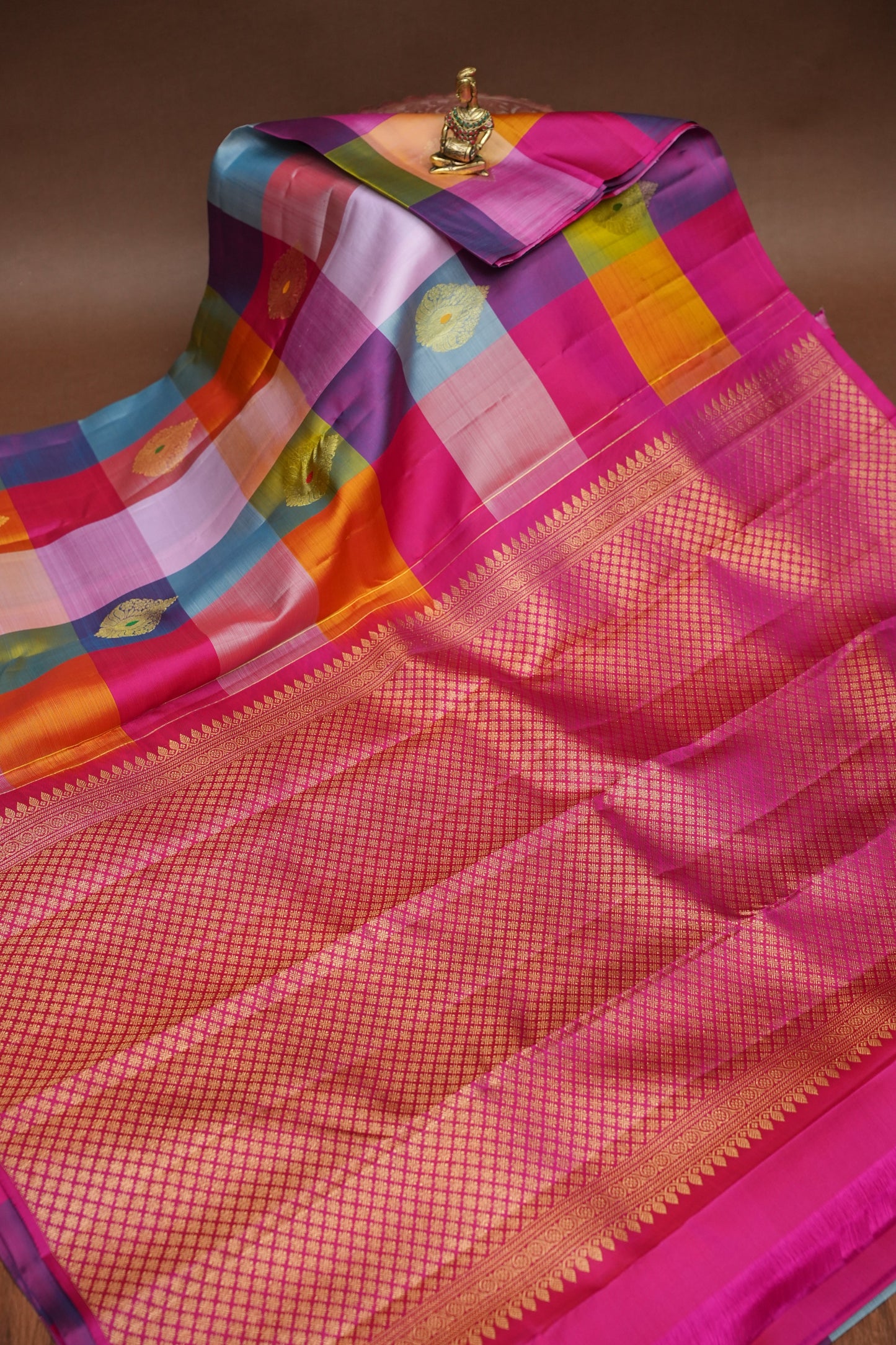 PURE KANCHIPURAM SILK PALLAM PALUM KATTAM SAREE – MULTICOLOUR CHECKS WITH PINK PALLU | SILK MARK CERTIFIED