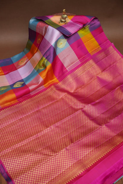 PURE KANCHIPURAM SILK PALLAM PALUM KATTAM SAREE – MULTICOLOUR CHECKS WITH PINK PALLU | SILK MARK CERTIFIED