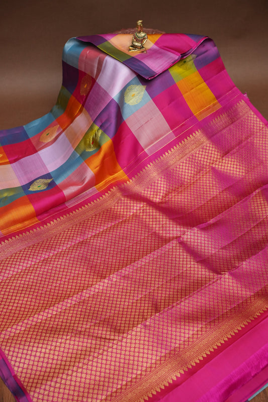 PURE KANCHIPURAM SILK PALLAM PALUM KATTAM SAREE – MULTICOLOUR CHECKS WITH PINK PALLU | SILK MARK CERTIFIED