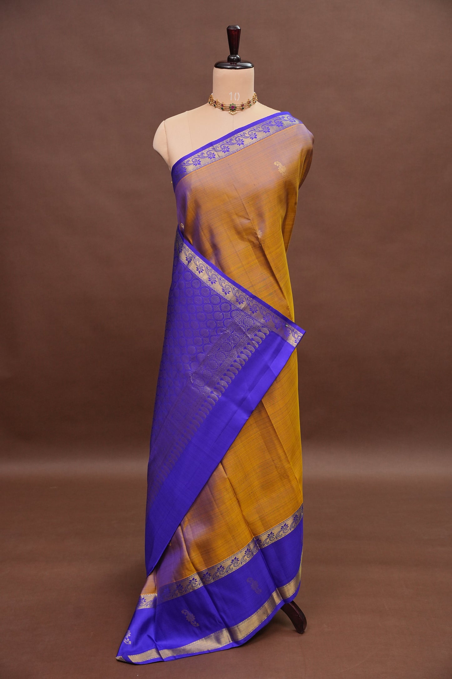 Mustard & Purple Border Pure Kanchipuram Silk Saree|Silk Mark Certified