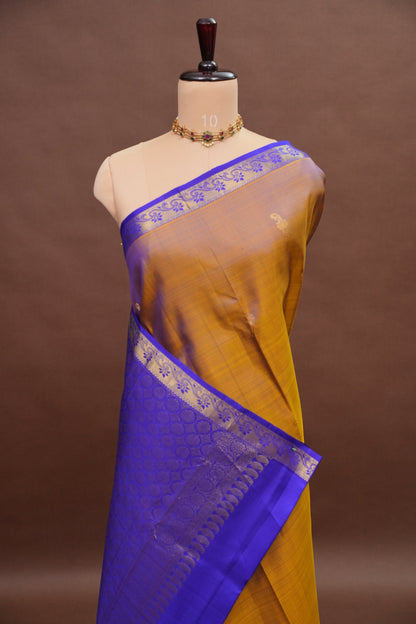 Mustard & Purple Border Pure Kanchipuram Silk Saree|Silk Mark Certified