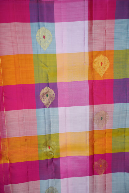 PURE KANCHIPURAM SILK PALLAM PALUM KATTAM SAREE – MULTICOLOUR CHECKS WITH PINK PALLU | SILK MARK CERTIFIED