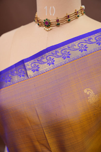Mustard & Purple Border Pure Kanchipuram Silk Saree|Silk Mark Certified