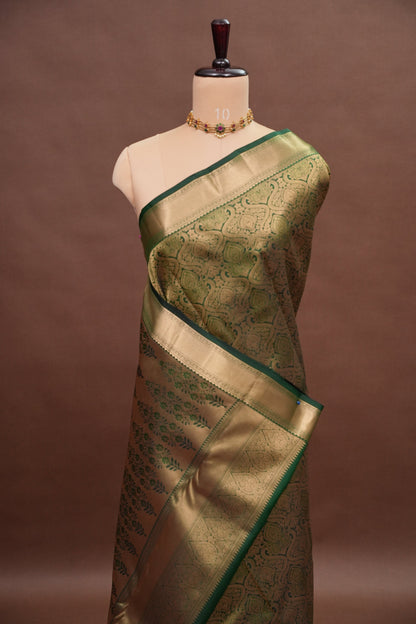 Bottle Green Brocade Pure Kanchipuram Silk Saree|Silk Mark Certified
