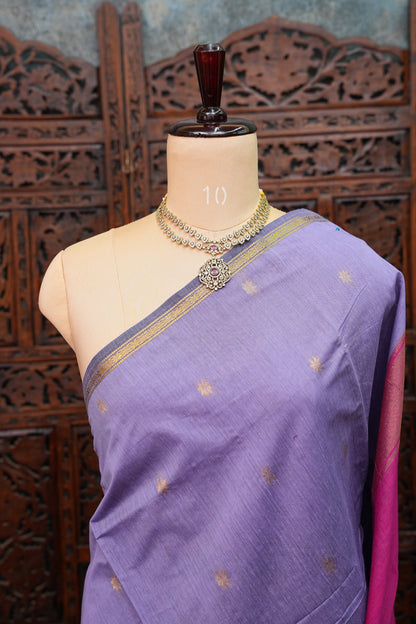 Semi Maheshwari Silk Cotton Saree – Lavender & Rani Pink with Zari Buttas