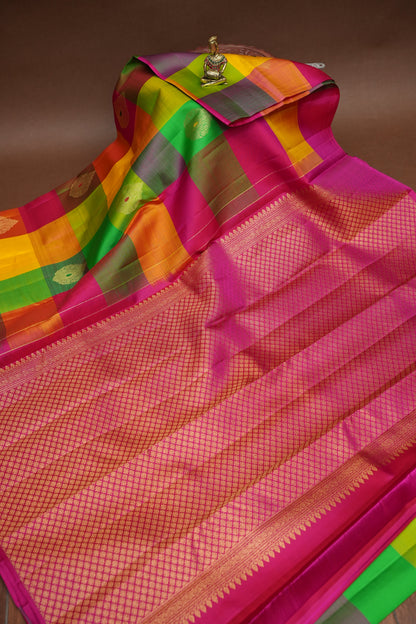 PURE KANCHIPURAM SILK PALLAM PALUM KATTAM SAREE – MULTICOLOUR CHECKS WITH PINK PALLU | SILK MARK CERTIFIED