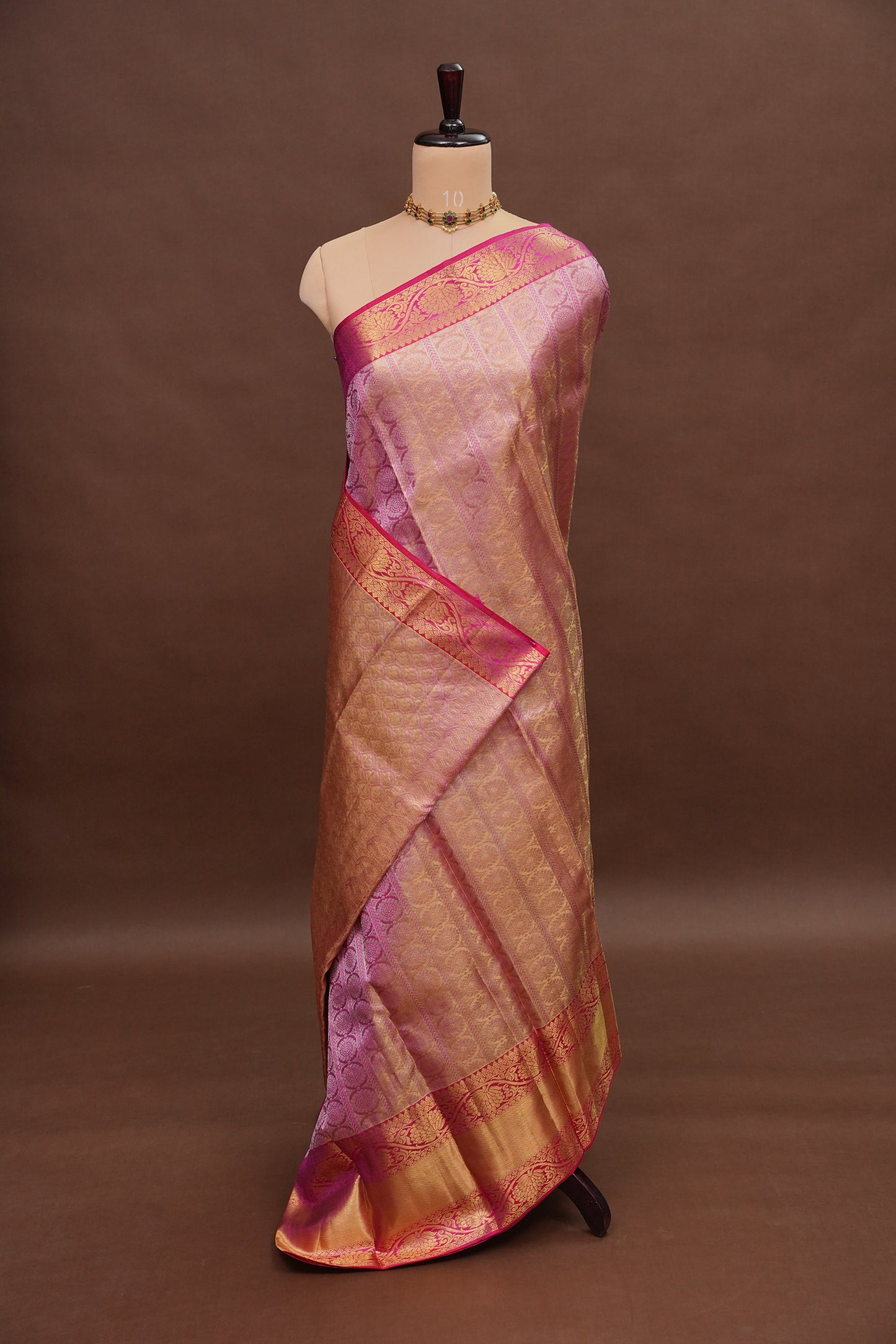 Champagne Gold & Rani Pink Pure Tissue Kanchipuram Silk Saree|Silk Mark Certified