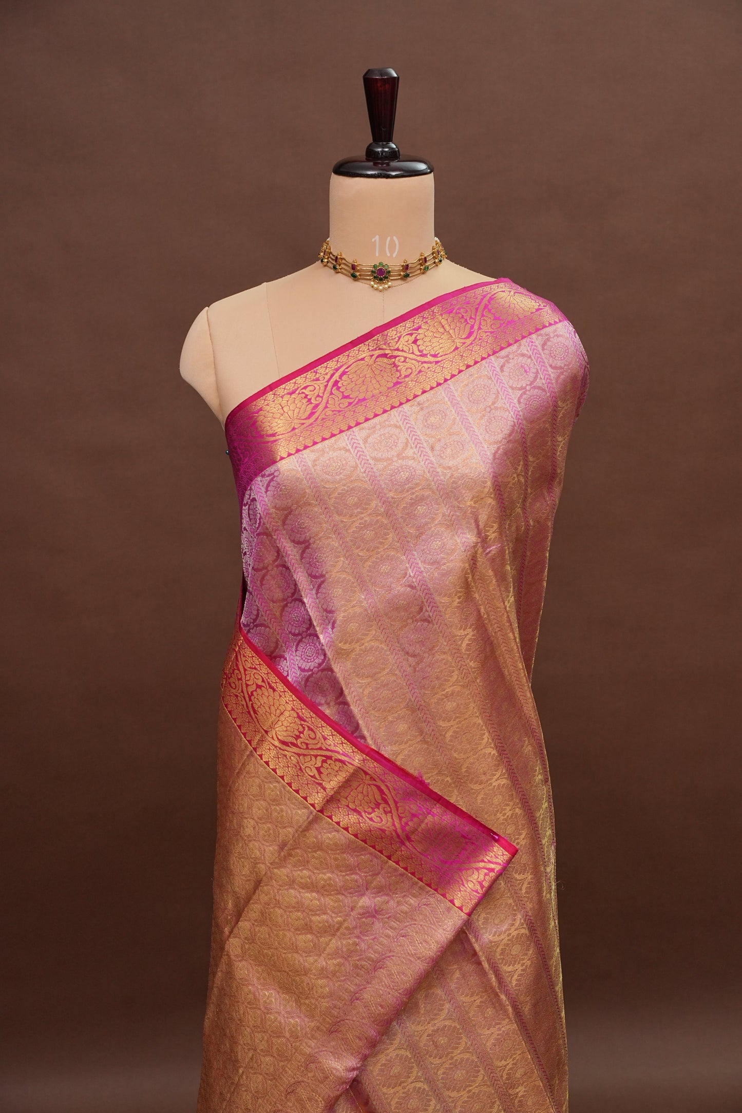 Champagne Gold & Rani Pink Pure Tissue Kanchipuram Silk Saree|Silk Mark Certified