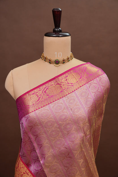Champagne Gold & Rani Pink Pure Tissue Kanchipuram Silk Saree|Silk Mark Certified