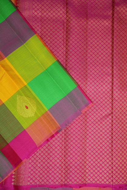 PURE KANCHIPURAM SILK PALLAM PALUM KATTAM SAREE – MULTICOLOUR CHECKS WITH PINK PALLU | SILK MARK CERTIFIED