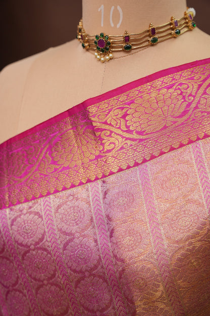 Champagne Gold & Rani Pink Pure Tissue Kanchipuram Silk Saree|Silk Mark Certified