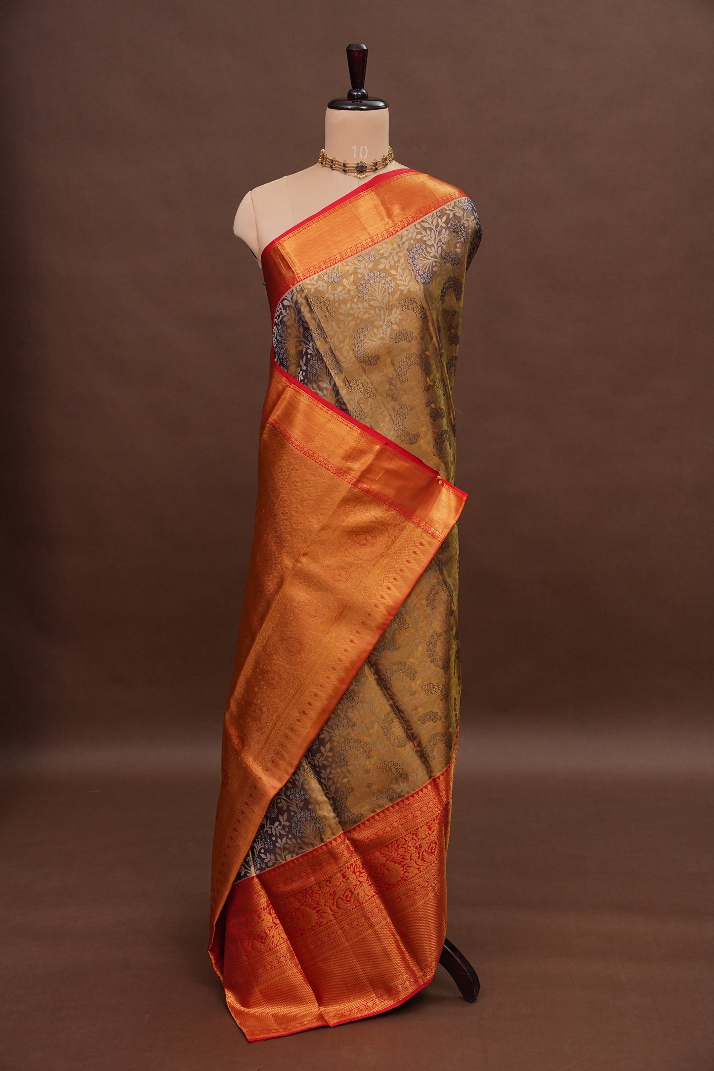 Antique Gold & Vermilion Red Pure Tissue Kanchipuram Silk Saree|Silk Mark Certified