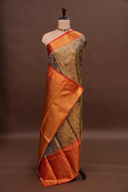 Antique Gold & Vermilion Red Pure Tissue Kanchipuram Silk Saree|Silk Mark Certified