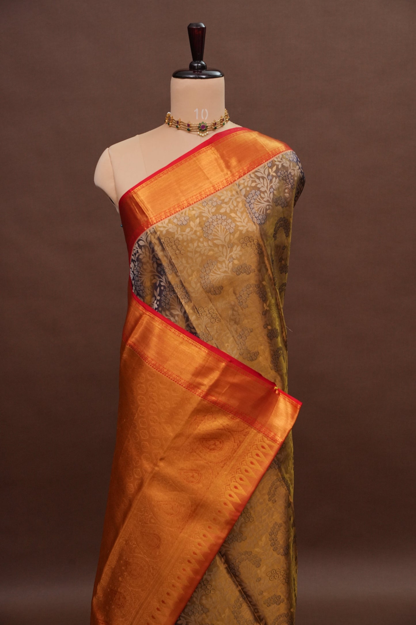 Antique Gold & Vermilion Red Pure Tissue Kanchipuram Silk Saree|Silk Mark Certified